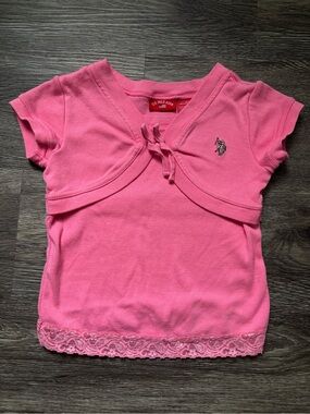 U.S. Polo Assn. Girls Pink Short Sleeve Lace Hem Tee with Tie Front
